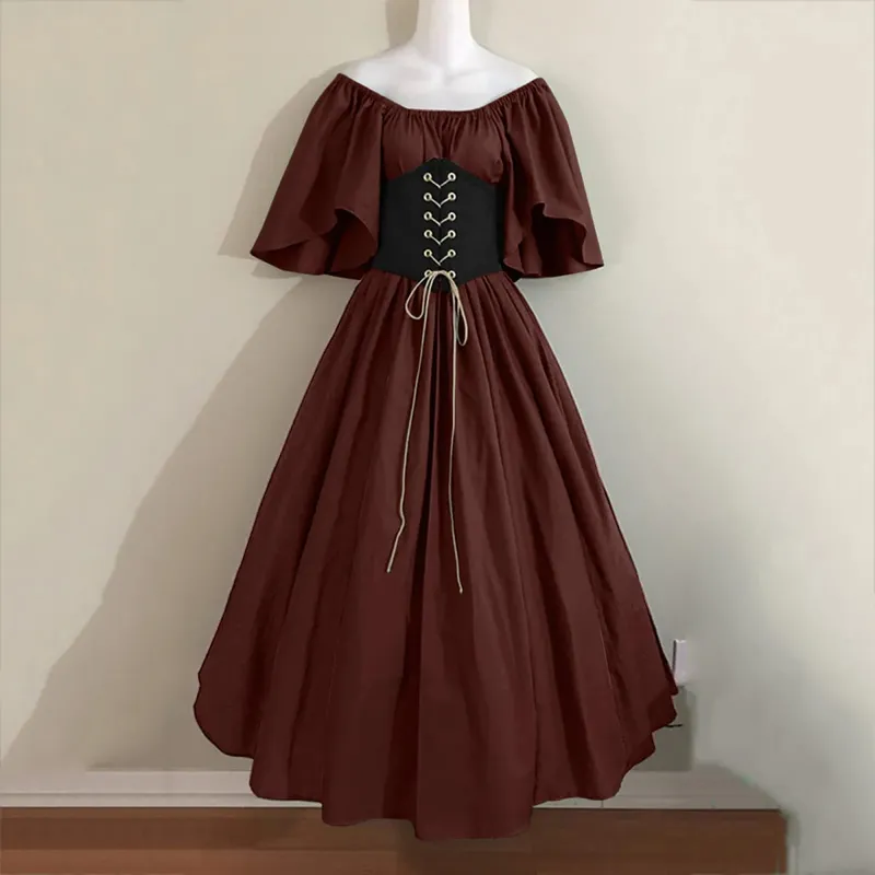 intage Women Dress Short Sleeves Lace-up Patchwork Long Dress Medievals Victoria Princess Cosplay Dresses Retro Party Vestidos