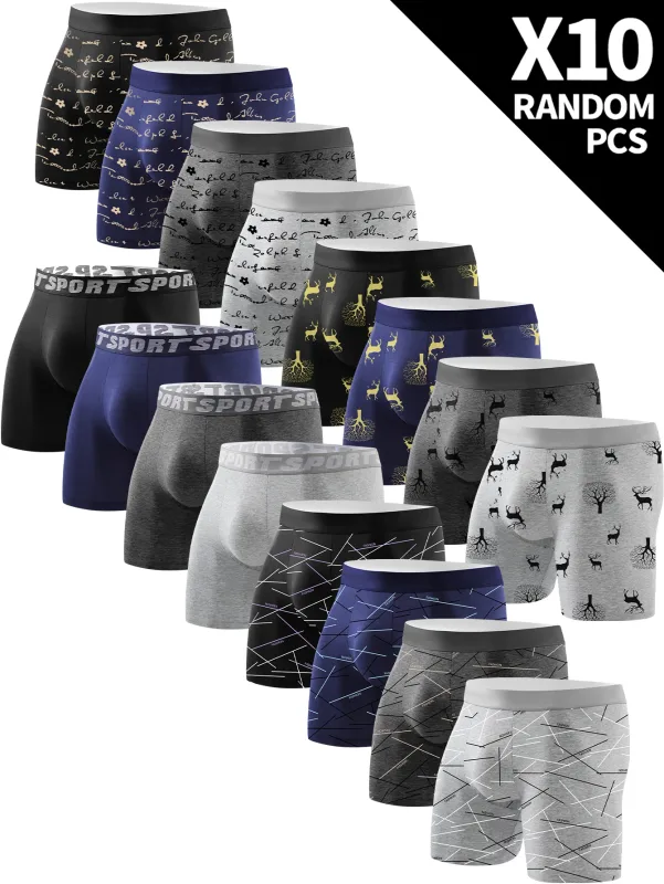 10 Pieces Men's Long Underwear Breathable Soft Men's Long Boxer Briefs Personality Trend Fashion Athleisure Classic Men's Pants