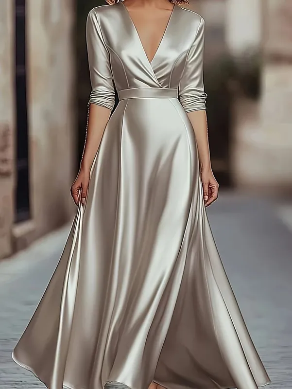 Spring/Autumn Collection: French-inspired Elegance Luxury-feel V-neck Long-sleeved Fitted Waist Dress Evening Gown for Banquets — image 1
