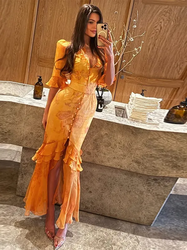 Eleganckie wzburzyć damskie długie sukienki V Neck pół guzik na rękawie wyszczuplająca talia plisowana sukienka 2026 wiosna Lady Fashion Party szaty — image 4