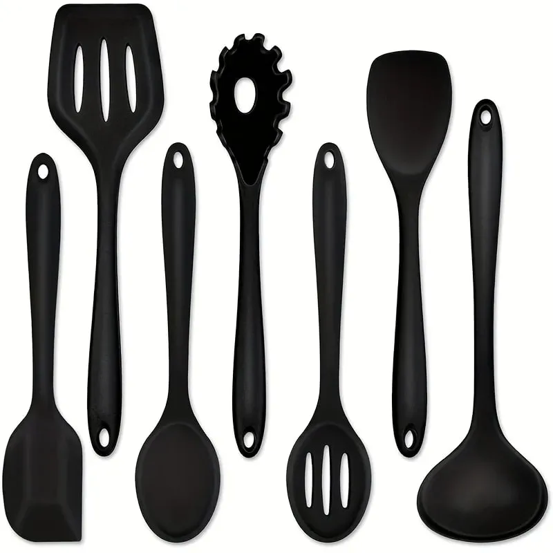1 /7-Piece Silicone Kitchen Utensil Set - Non-Stick Spatula Spoon Skimmer Pasta Clip & More for Cooking & Baking