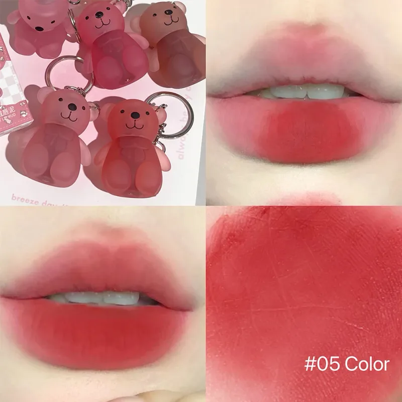 ART VALUE Cute Bear Lip Mud Keychain Matte Nude Red Lip Gloss Non-stick Cup Lipstick Waterproof Long Lasting Lipgloss Cosmetics