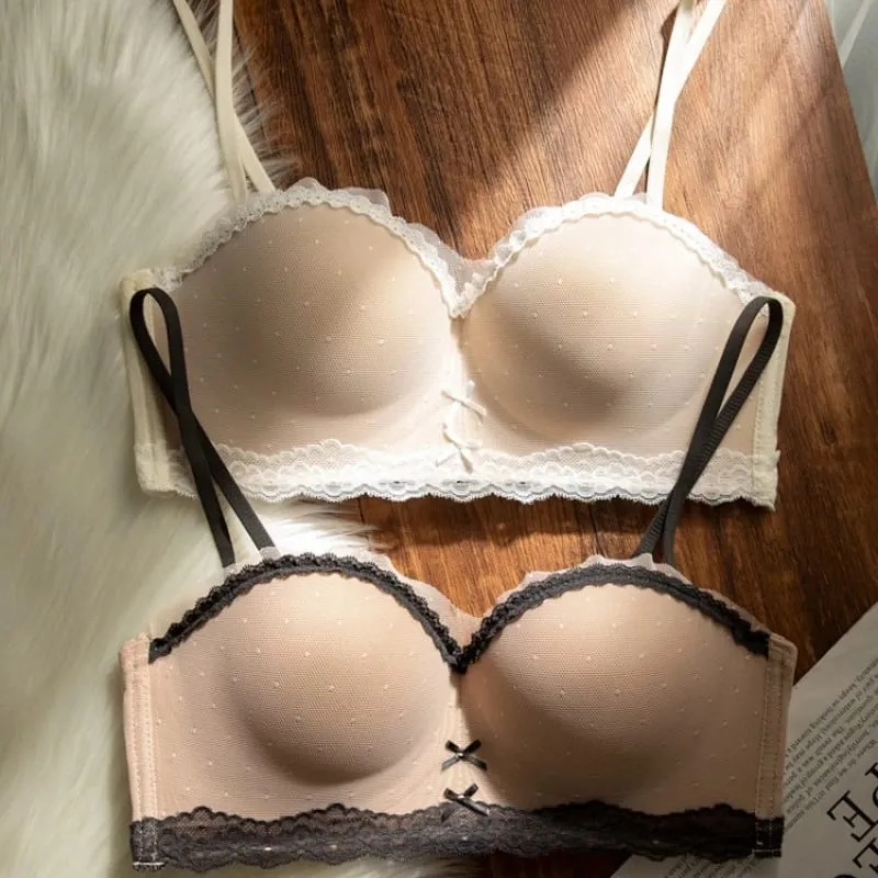 Sexy Mesh Wire Free Underwear Set Women Lace Dot 1/2 Palm Cup Push Up Bra Summer Detachable Strap Lingerie and Panties Sets — image 4