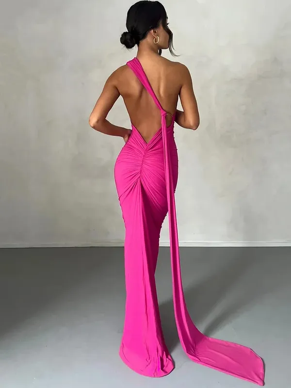 Hugcitar One Shoulder Rygløs justerbar tørklædeløkke Ruched Sexet Maxikjole 2025 Kvinder Elegant Y2K Streetwear Festival Outfit — image 11