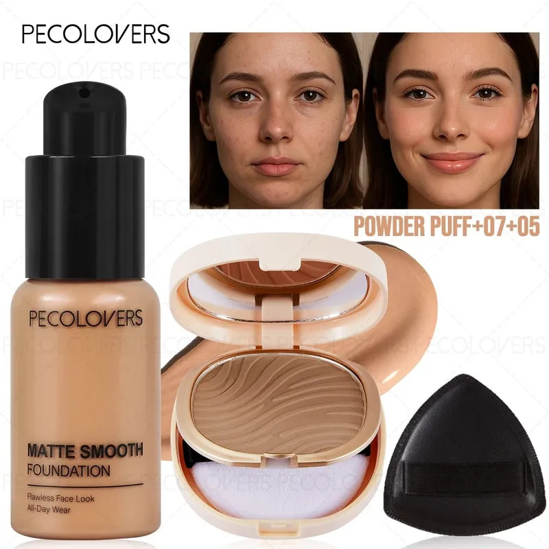 3pcs/Set Foundation Loose Powder Triangle Makeup Kit Full Coverage Liquid Foundation Waterproof Long-Lasting Base Makeup