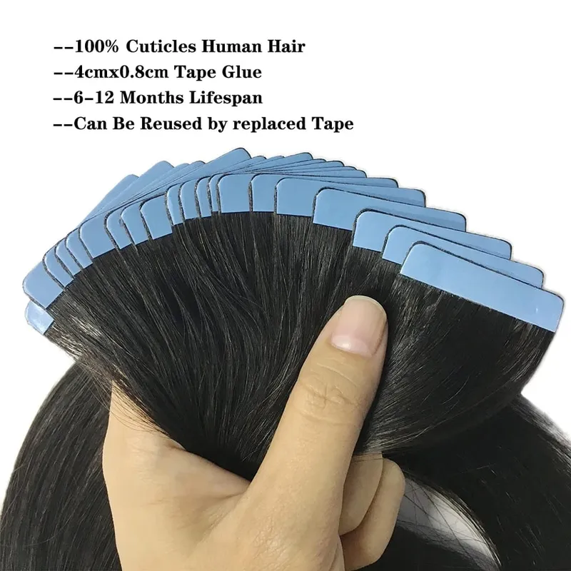 Tape In Straight Human Hair Extensions Brazilian Hair Adhesive Extensions Skin Weft Black Brown 100% Real Human Hair for Women — image 4