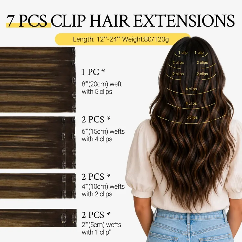 Sunmofavo Clip In Human Hair Extensions Straight Natural Light Brown Honey Ombre Balayage Black Hair Pieces For Women Full Head