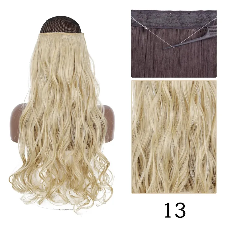 Synthetic No Clip Adjustable Fish Line Hair Extensions Natural Blonde Brown Long Wavy Heat Resiatant Hairpiece For Women