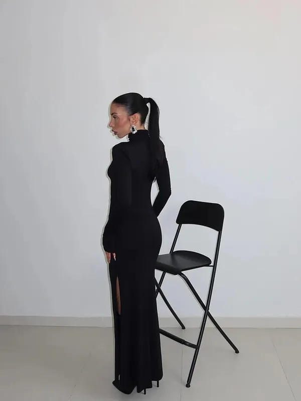 Ahagaga-Vestidos largos sexys para mujer, vestidos lisos de cuello alto, mangas largas regulares, calados, ajustados, ajustados, para fiesta