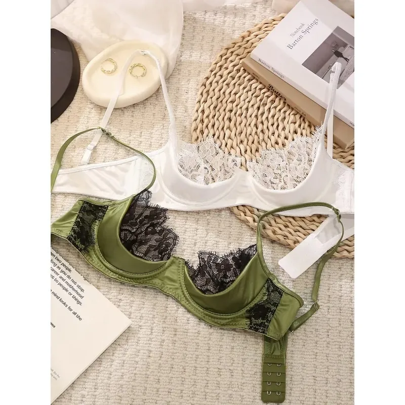 ผู้หญิงชุดชั้นในครึ่งถ้วยชุดลูกไม้ฝรั่งเศสสีเขียว Ultra Thin SHEER นุ่มสบาย Underwire Bra หน้าอกขนาดเล็ก 32-38AB ขนาด