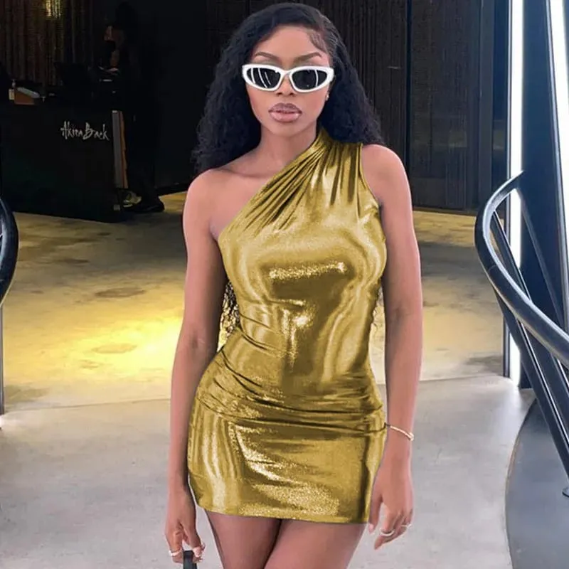 Wome Inclined Shoulder Solid Glitter Bodycon Dress Summer Sexy Slim Mini Sleeveless Dresses Casual Party Club A-Line Vestidos — image 5