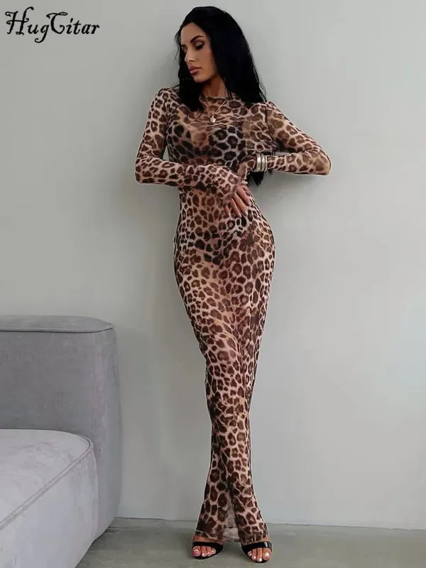 Hugcitar Leopard Print Mesh Long Sleeve Sexy Slim See Through Maxi Dress Fall Women Fashion Outfits Beach Vacation Club — image 1