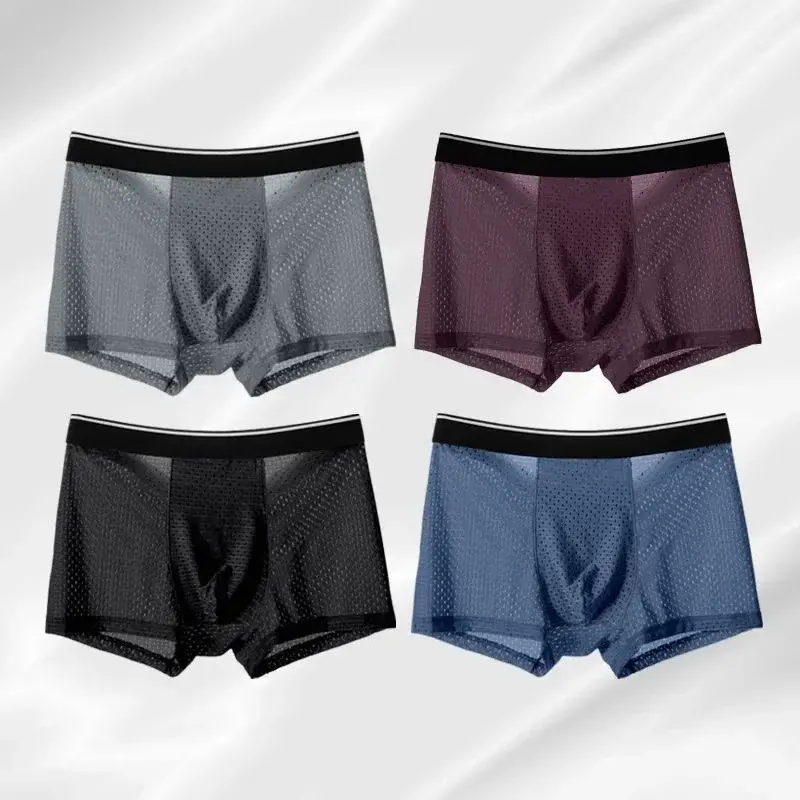 4Pcs/LotMen's Ice Silk Underwear Plus Size Shorts Mesh Boxers Mesh Breathable Underwear Antibacterial Quick Drying Underwear Men — image 4
