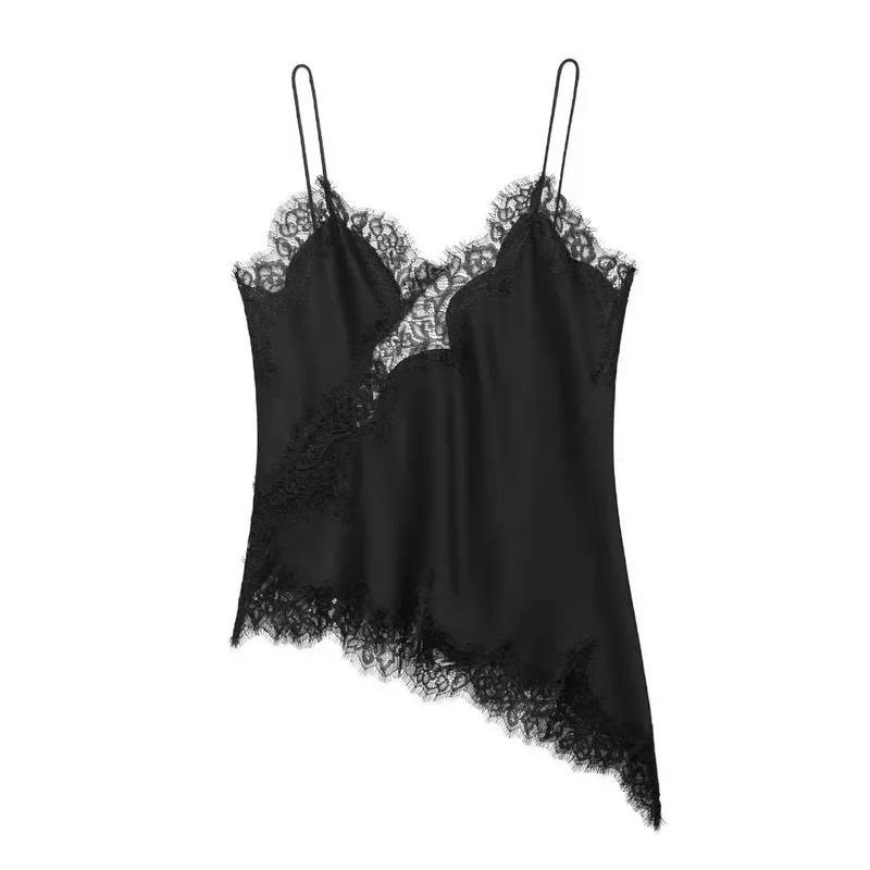 Elegantní asymetrický krajkový patchworkový top bez rukávů košilka bez zad s výstřihem do V sexy krajka dámské tílko letní oblečení