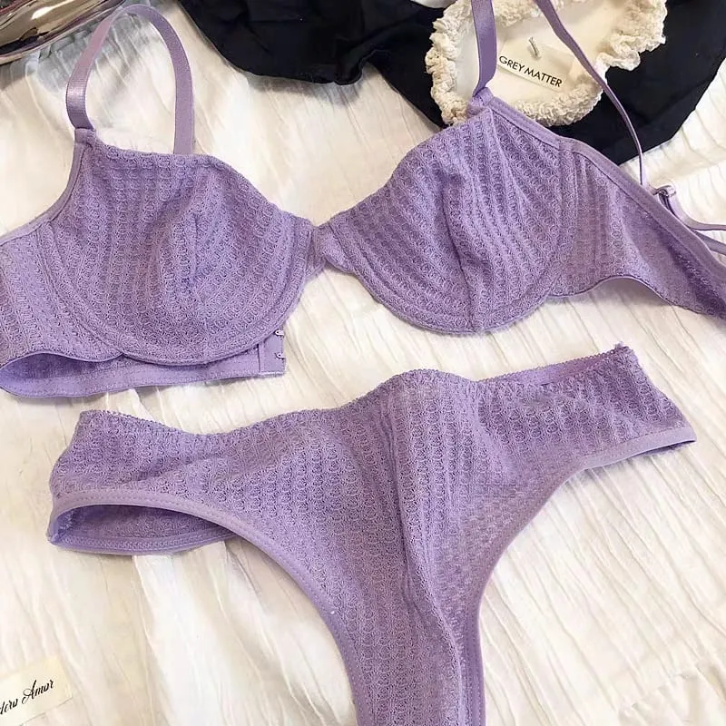 Women Casual Plain Bra Set Elegant Stretch Lingerie Set Thin Thong Underwear Bra and Panty Set — image 2