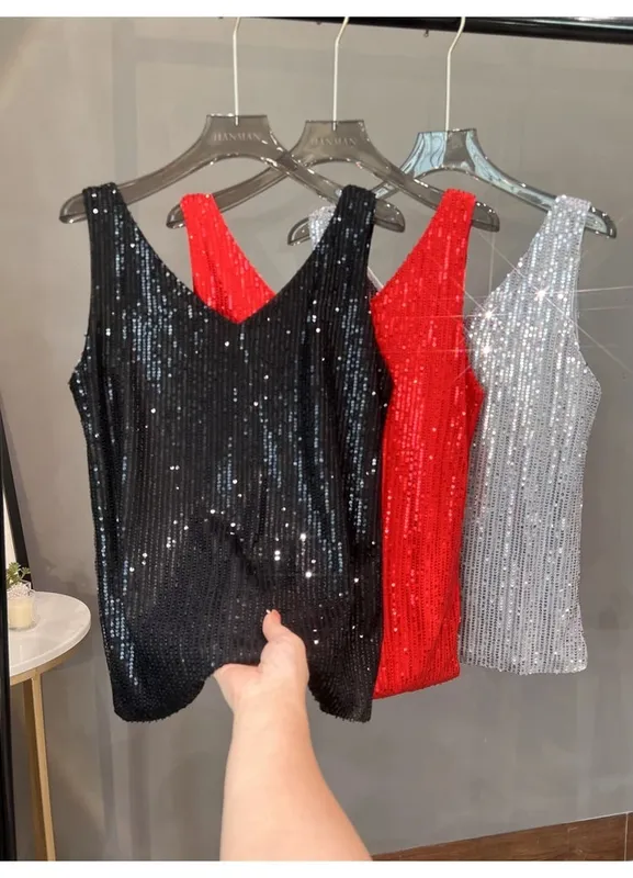 2024 New European and American Sequined V-neck Vest Worn Inside A Suit Bottoming Shirt and Worn Outside A Sparkling Top — image 8