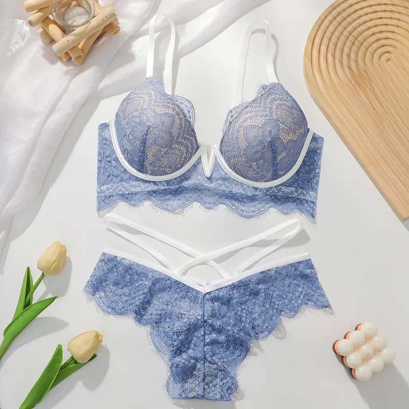 新しい高品質重工業ブルーレースセットディープ V セクシーな女性のブラジャーセットランジェリーセットプッシュアップブラジャー L093