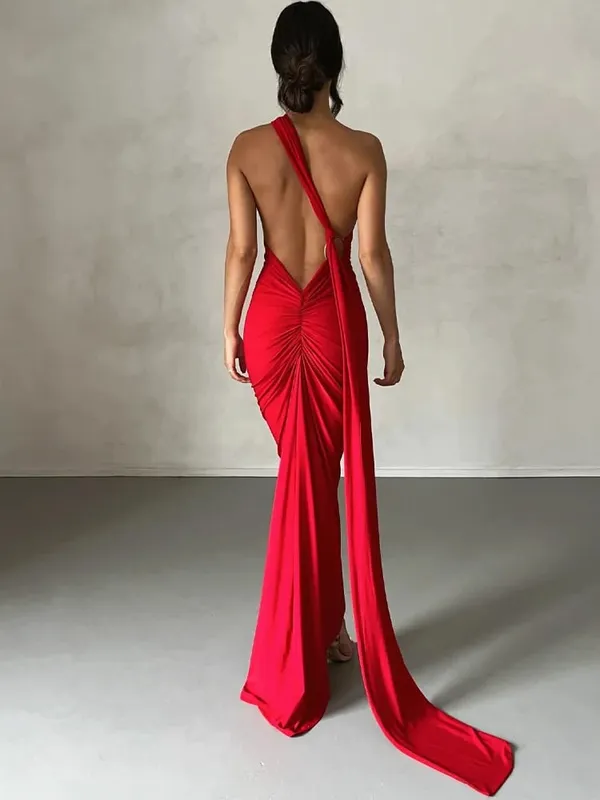 Hugcitar One Shoulder Rygløs justerbar tørklædeløkke Ruched Sexet Maxikjole 2025 Kvinder Elegant Y2K Streetwear Festival Outfit — image 9