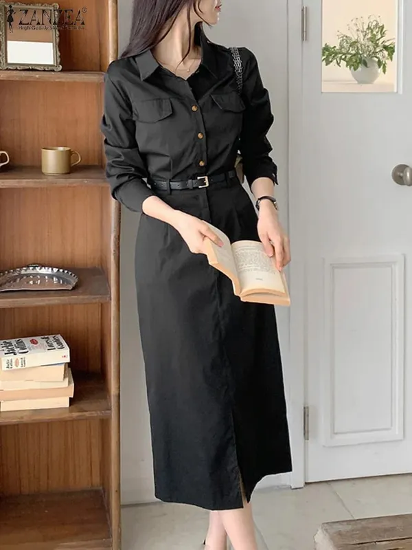 Elegant Women Dresses 2025 Autumn Long Sleeve Vestidos Solid Casual Waisted No Belted Robe Office Lady Midi Spilt Robe — image 3