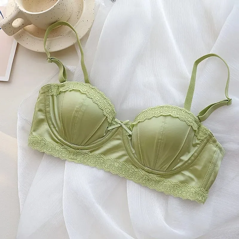 French girly underwire push-up bra Sweet lace edge half cup lingerie women's thin cup with anti-sagging bra set — image 7