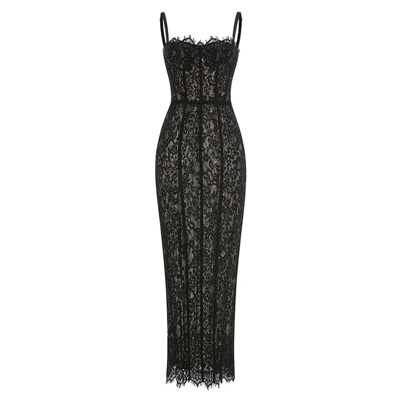 Fashionable Elegant Lace Corset Maxi Dress Vintage Spaghetti Strap Bustier Bodycon Evening Gown for Dinner Party Wedding Guests