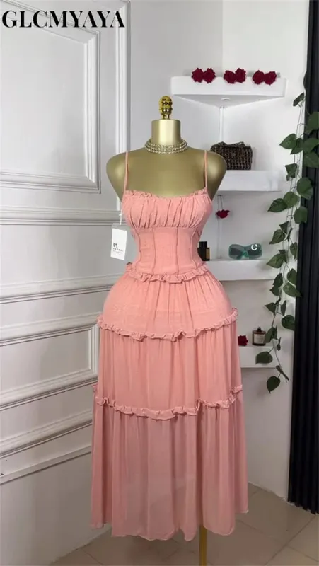 Women Strap Sleeveless Ruffles A-line Midi Maxi Long Dress 2025 Summer Beach Holiday Vacation Vestidos Dresses — image 7