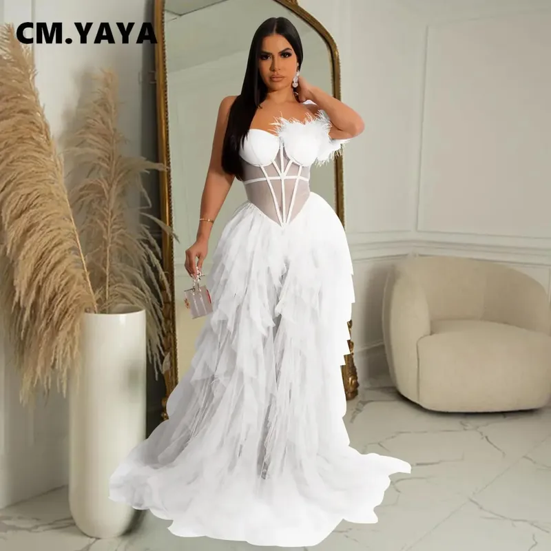 CM.YAYA Women Tierred Mesh See Though Off Shoulder Sweetheart Collar Maxi Long Floor Length Dress Evening Sexy Party Dresses — image 7