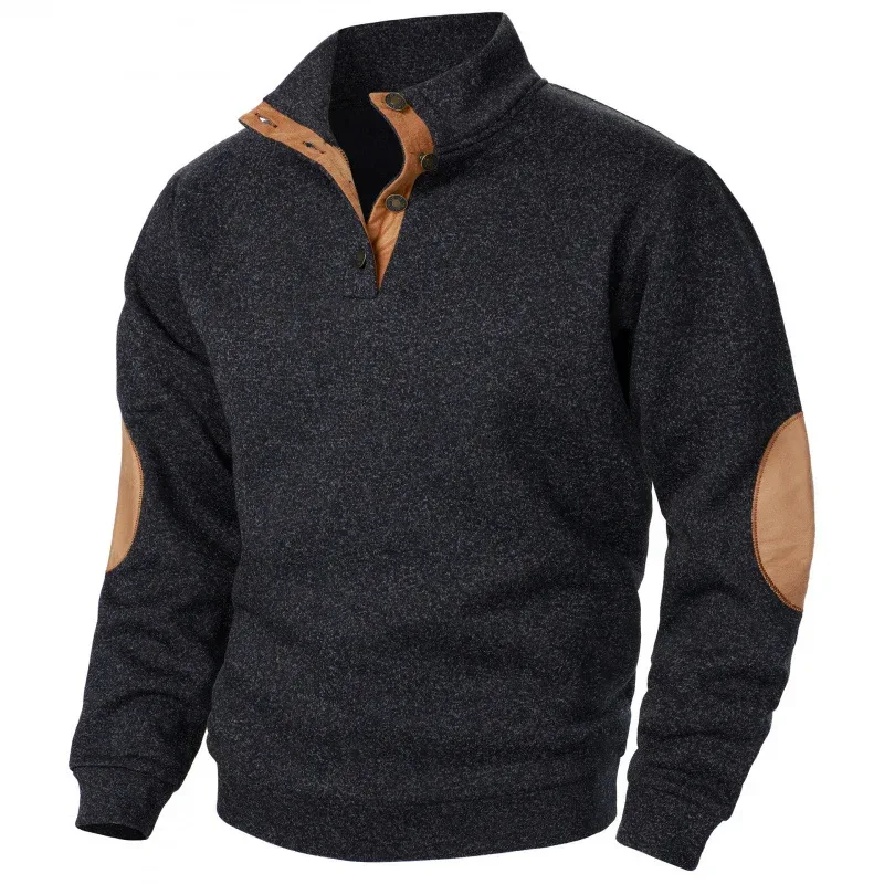 Men's Autumn Sweatshirt Patchwork Contrast Color Hoodies Stand Collar Men Botton Down Vintage Pullovers — image 1