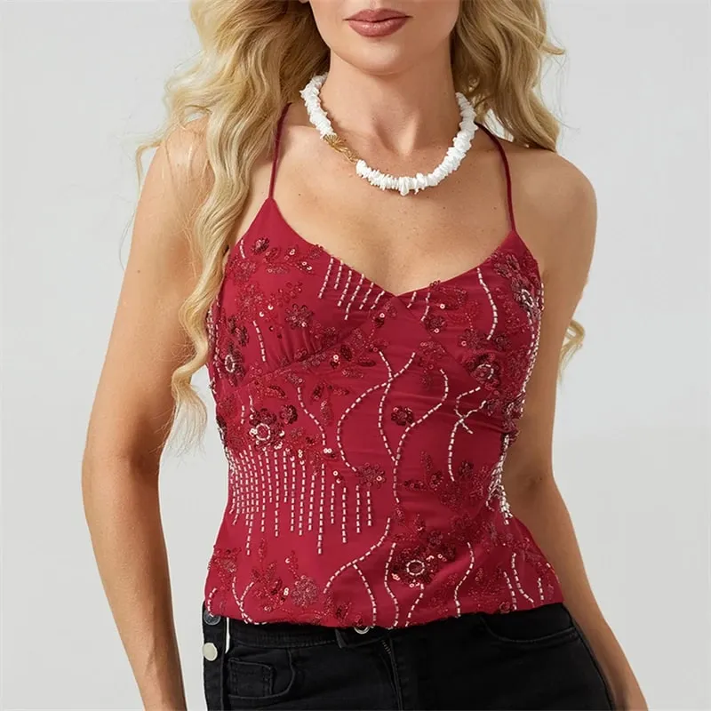 Summer Women Y2k Sequin Halter Crop Tops Pearl Embellished Cami Tops Summer Glitter V Neck Rhinestone Camisole Tank Shirt — image 3