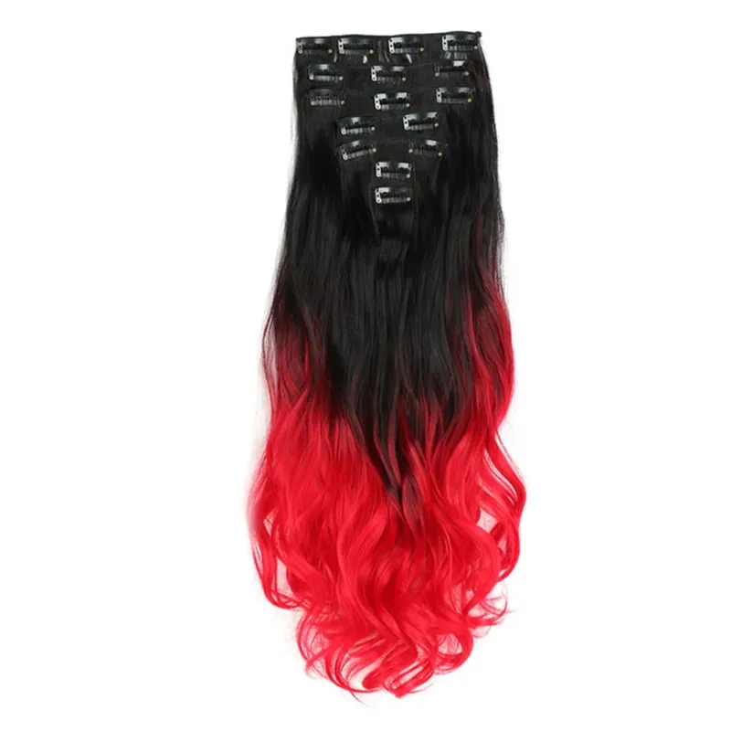 Clip in Hair Extensions Ombre Color Synthetic 7pcs Set Wavy Curly Hairpieces Black to Purple For Women Girls — image 11