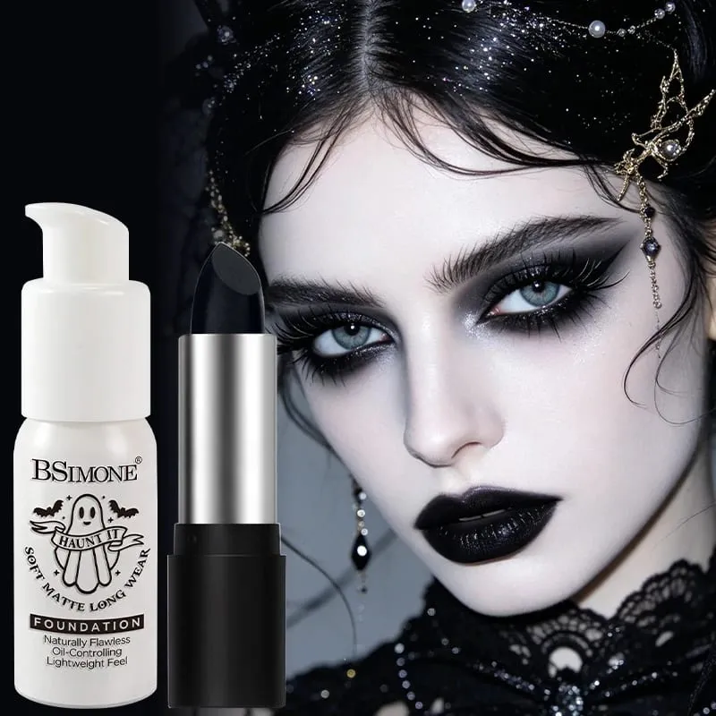 2pcs Set Black Diamond Glitter Lipstick & White Foundation Halloween Cos Stage Creative Makeup Kit For Face & Lip — image 4