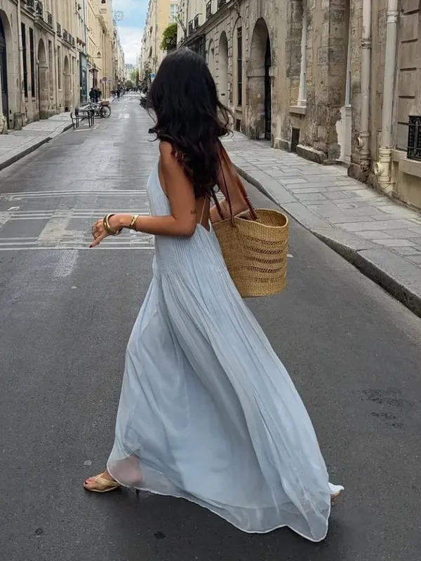 Robe longue plissée de couleur unie pour femmes, Sexy, élégante, sans manches, bretelles, dos nu, Slim Fit, Robe de plage, de fête — image 3