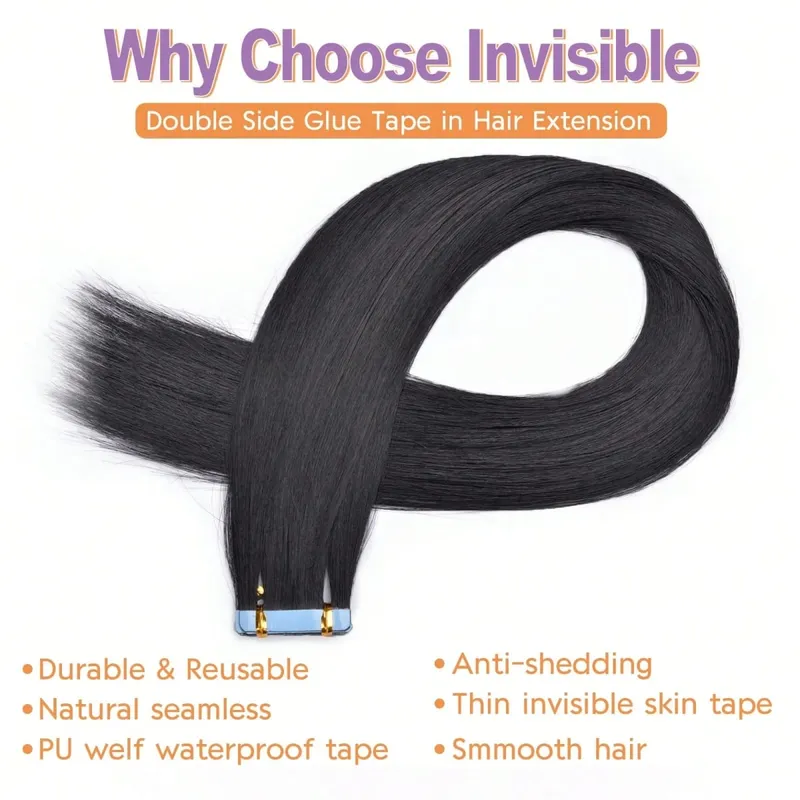 Tape In Straight Synthetic Hair Extensions Invisible Hand Tied Tape in Hair Natural Skin Weft Seamless Double-sided Adhesiv — image 4