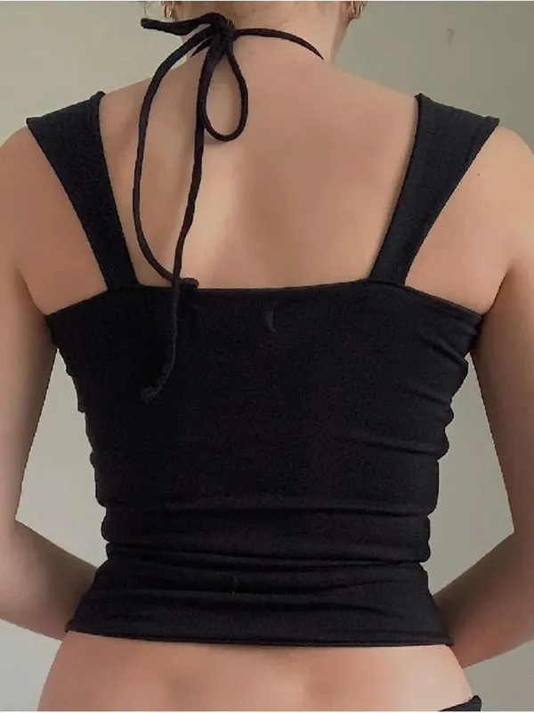 Vintage Black Square-neck Halter Tank Top Sexy Slim Pleated Backless Summer Crop Tops 2024 Women Sleeveless Bodycon Vest — image 2