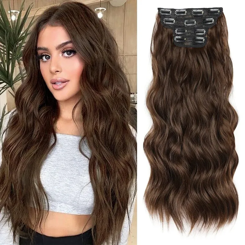 Clip in Synthetic Hair Extensions Long Wavy 4PCS Thick Hairpieces Black Fiber Natural Hair Extensions 20 Inch for Women Girls — image 12
