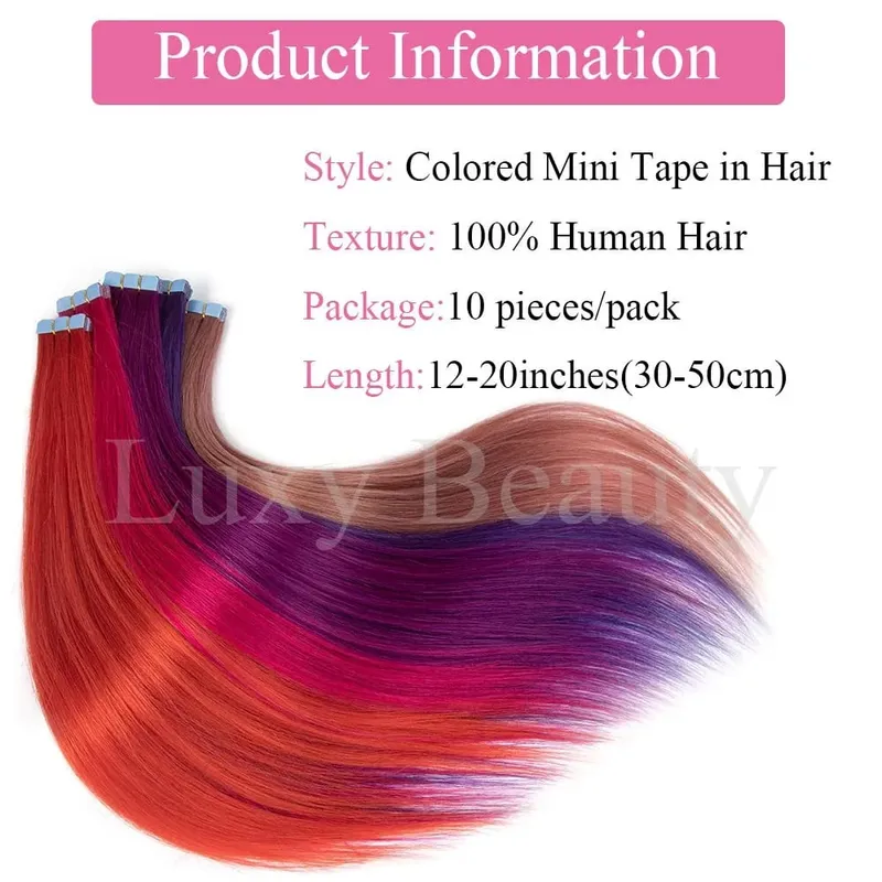 Colored Pink Mini Tape in Hair Extensions Invisible Seamless Tape in Human Hair 10pcs/set Red Green Purple Blue Mini Tape Hair — image 5