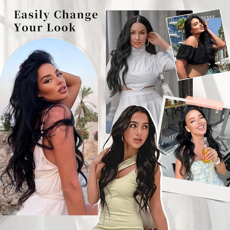 Black Halo Hair Extensions with Invisible Wire Adjustable Size 22inch Long Synthetic Wavy Curly Hairpieces for Women No Clip — image 3