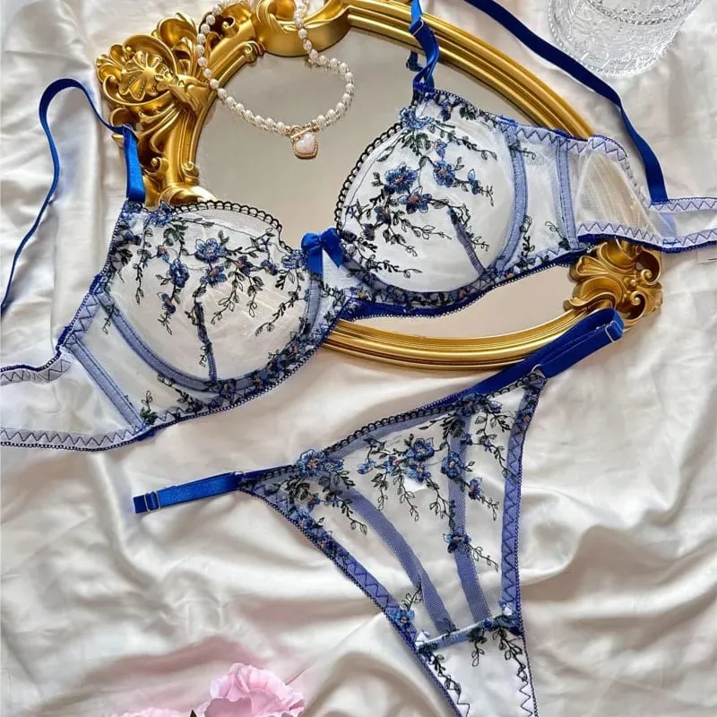 Exotic Fairy Lingerie PushUp Bra Embroidered Tulle Sheer Mesh 3Piece Transparent Intimate Wear for Women — image 2