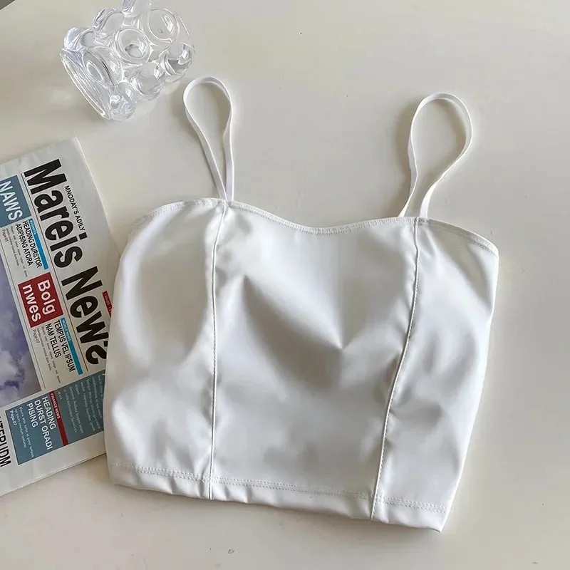 Women PU leather camis underwear padded bra sexy tops Y2K crop tops elastic lace at back tank tops for women streetwear — image 10