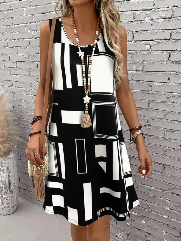 Geometric Pattern Sleeveless Dress For Women‘s Summer Clothes Black Women Midi Dresses daily dresses for women summer