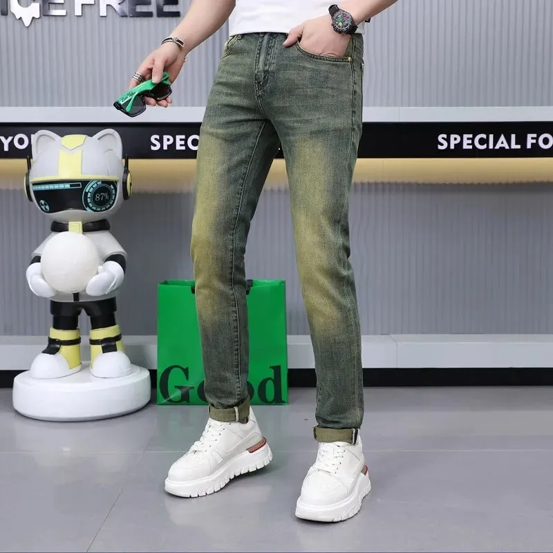 Newly Fashion Designer Men Jeans Retro Green Blue Slim Fit Ripped Jeans Men Trousers Vintage Casual Cotton Denim Pants Hombre