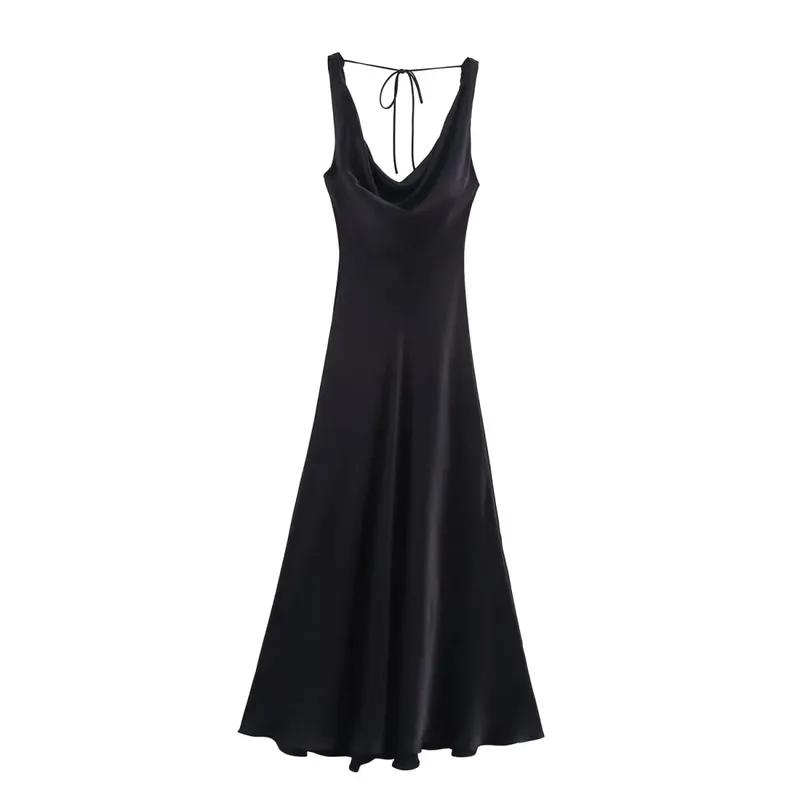 HH Women's Solid Vacation Style Satin Texture Backless V-neck Midi Dress Summer Female Elegant Sexy Lace-up Strap Dress