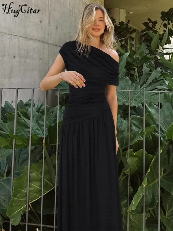Hugcitar One Shoulder Ruched Sleeveless Solid Pleated Sexy Irregular Y2K Maxi Dress Summer Elegant Party Women Clothes Vacation — image 2