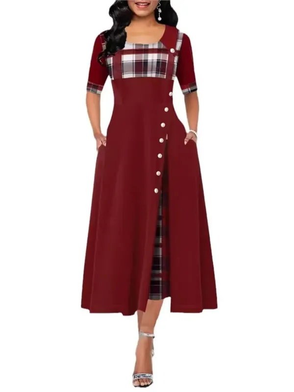 Women's Irregular Lattice Patchwork Long Dresses Vintage Buttons O Neck Half Sleeves Casual Lady Commuting Dress Fashion — image 6