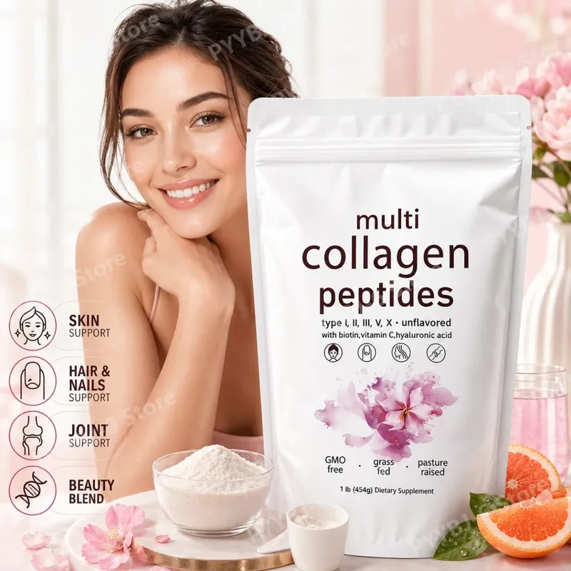 Multi Collagen Peptides Powder 454 g Unflavored Collagen Blend med Vitamin C Biotin Hyaluronsyre Hud Hår Negle Støtte — image 2