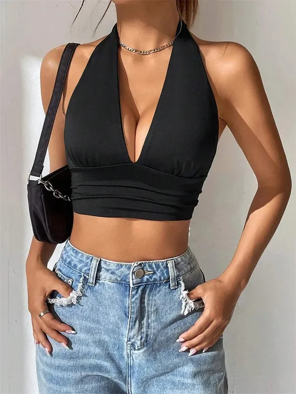 Sleeveless Backless Deep V-neck Halter Top Women Summer 2024 Club Party Sexy Solid Color Crop Tops Streetwear Y2K Clothes — image 7