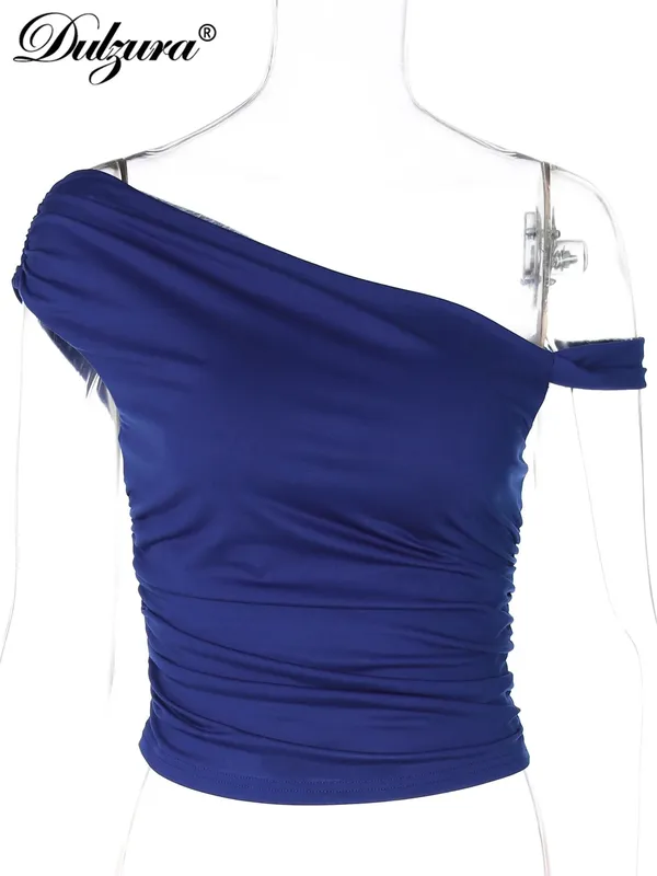 Dulzura Skew Collar Sleeveless Bodycon Ruched Tank Tops Women'S Solid Sexy Elegant Y2K Top Party Club Summer Outfit Wholesale — image 7