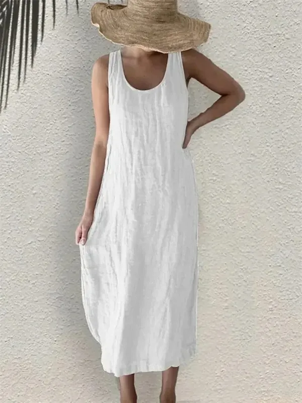 Women Comfortable Casual Cotton Linen Dresses 2026 Summer Solid Color Side Pockets Dress Female O Neck Pullover Sleeveless Gown — image 5