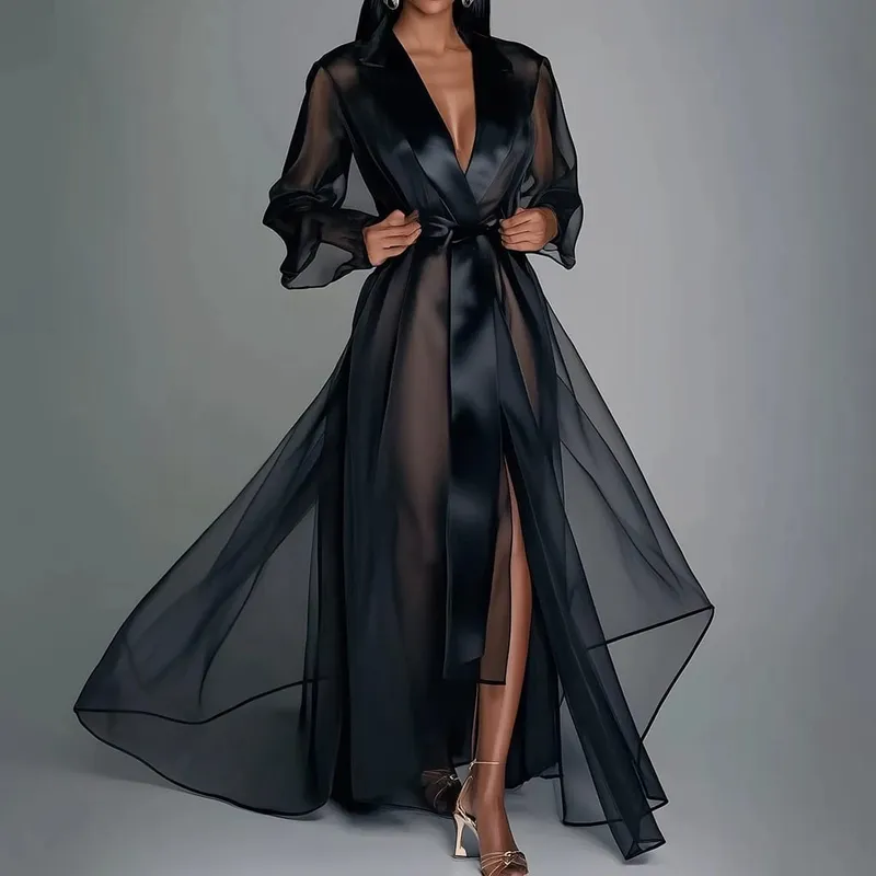 Women Maxi Dress Solid Organza See Through Lapel Long Sleeve Robe Summer Autumn Fashion Lace Up Gown Satin Silk Party Dress