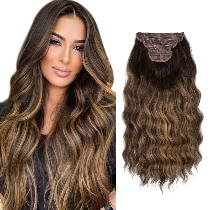 22" 4pcs/set Synthetic Clip In Hair Extensions Elegant Long Wavy Thick Hairpiece Daily Use Brown Blonde Natural Fake Hair — image 20